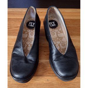 Fly London Yaz Black Mousse Wedge Slip-on Shoes, Size EU 36 (US 5.5-6)